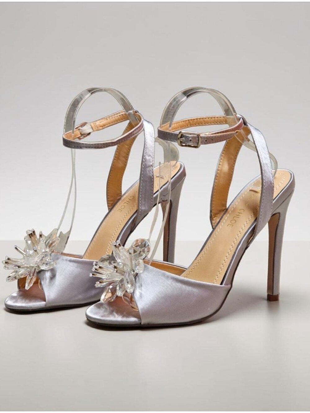 Crystal Embellished Silver Satin High Heel Sandals With Ankle Strap & Peep Toe F